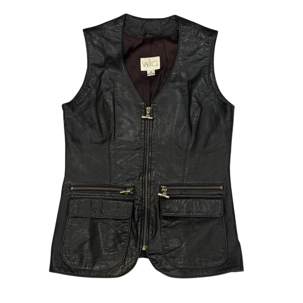 Vakko Genuine Leather Vest Womens M Full Zip Black Made in USA